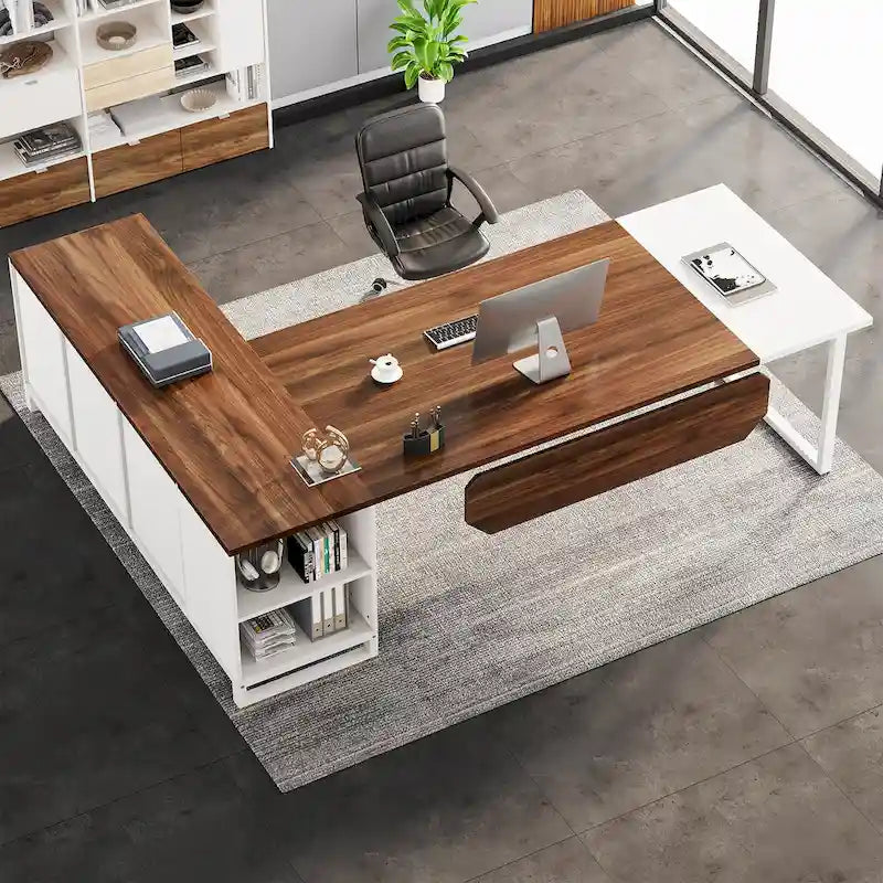 Bureau d'angle avec classeur | Blanc/Noir/Gris/Beige | 2 personnes