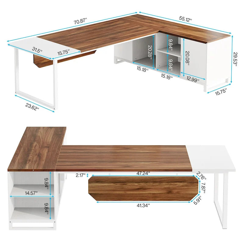 Bureau d'angle avec classeur | Blanc/Noir/Gris/Beige | 2 personnes