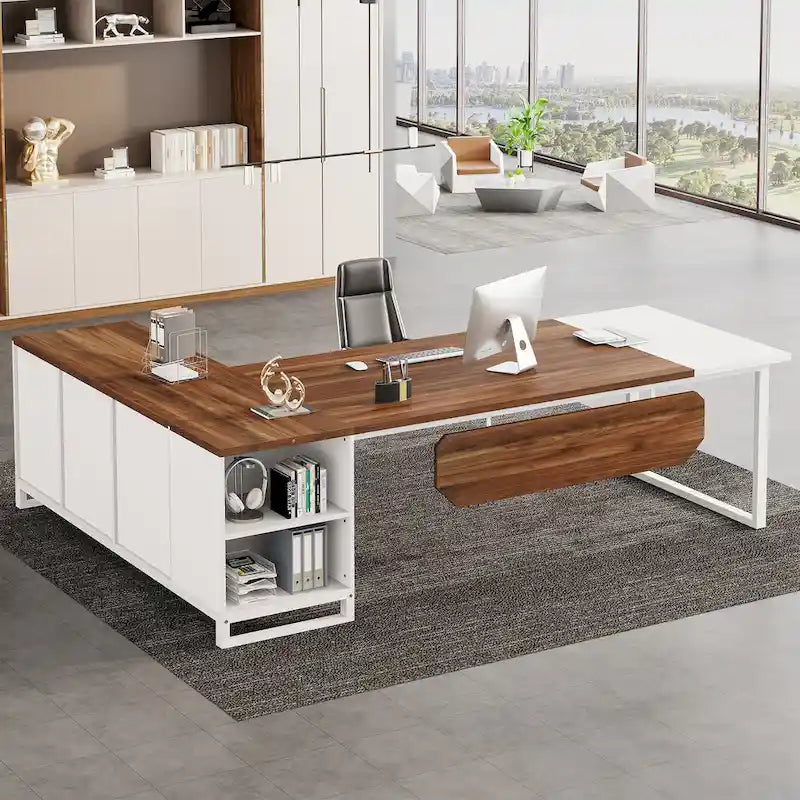 Bureau d'angle avec classeur | Blanc/Noir/Gris/Beige | 2 personnes