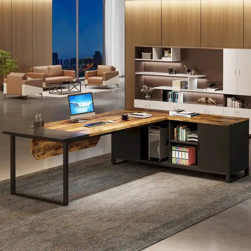 Bureau d'angle avec classeur | Blanc/Noir/Gris/Beige | 2 personnes