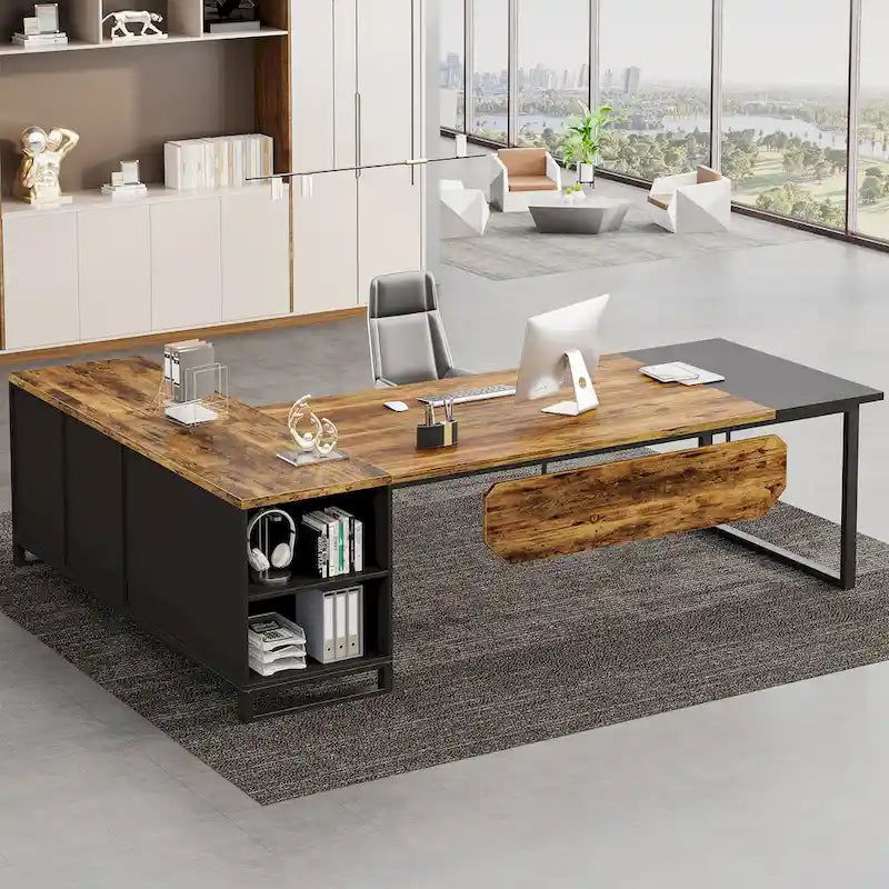 Bureau d'angle avec classeur | Blanc/Noir/Gris/Beige | 2 personnes