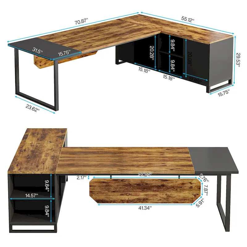 Bureau d'angle avec classeur | Blanc/Noir/Gris/Beige | 2 personnes