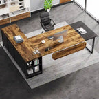 Bureau d'angle avec classeur | Blanc/Noir/Gris/Beige | 2 personnes