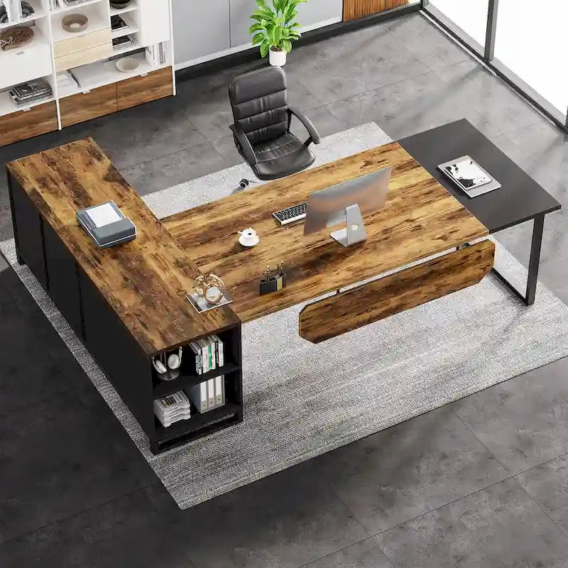 Bureau d'angle avec classeur | Blanc/Noir/Gris/Beige | 2 personnes