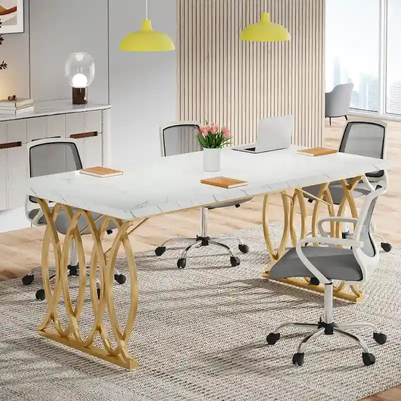 Bureau de conférence 4-6 personnes blanc et or 63"