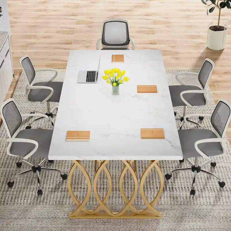 Bureau de conférence 4-6 personnes blanc et or 63"