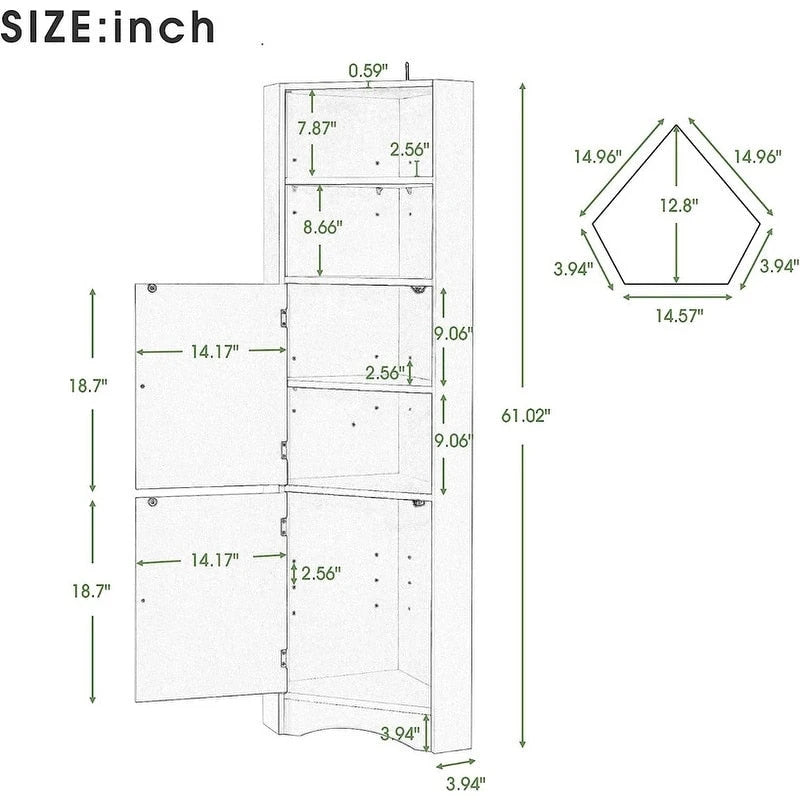 Armoire d'angle haute avec 2 portes et 2 étagères, autoportante, réglable, 1 personne