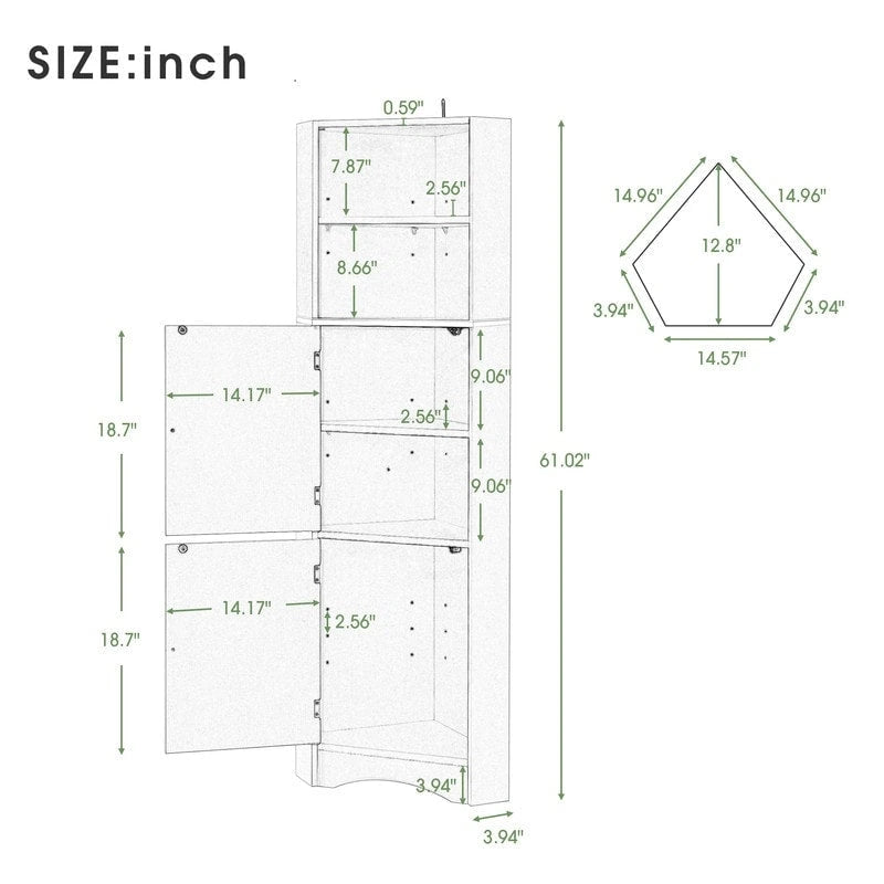 Armoire d'angle haute avec 2 portes et 2 étagères, autoportante, réglable, 1 personne