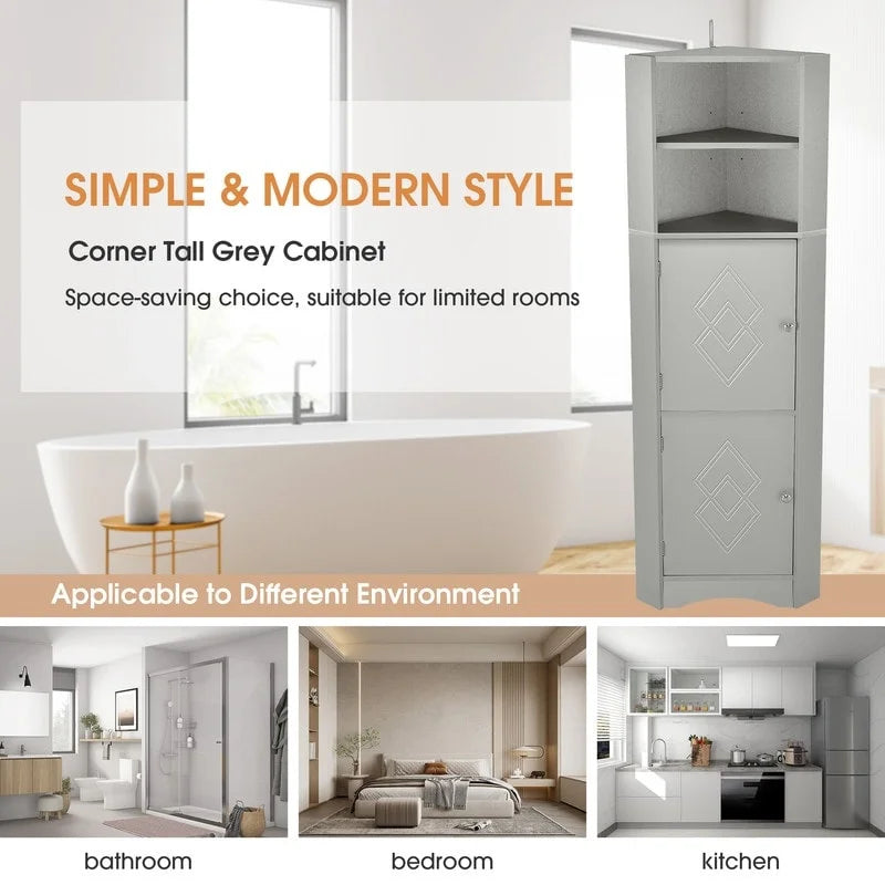Armoire d'angle haute avec 2 portes et 2 étagères, autoportante, réglable, 1 personne