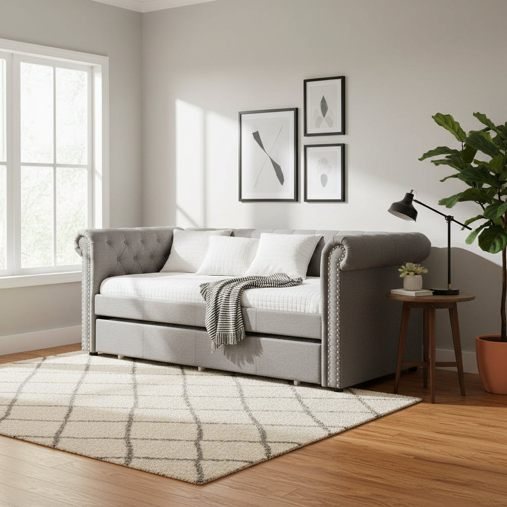 Chesterfield Twin Size Daybed with Attached Trundle and Nailhead Trims,Gray