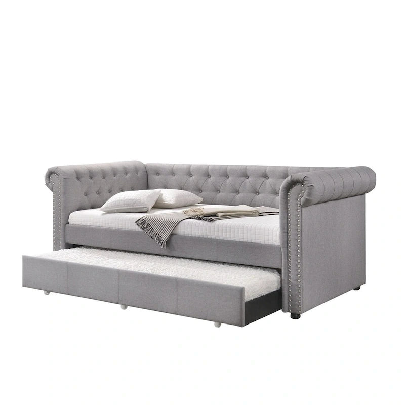 Lit de repos double avec lit gigogne intégré et garnitures cloutées, gris