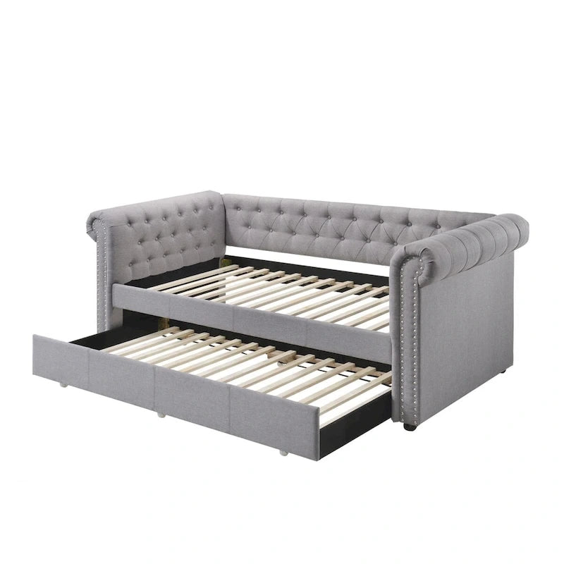 Lit de repos double avec lit gigogne intégré et garnitures cloutées, gris