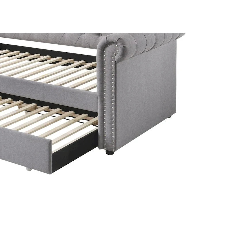 Lit de repos double avec lit gigogne intégré et garnitures cloutées, gris