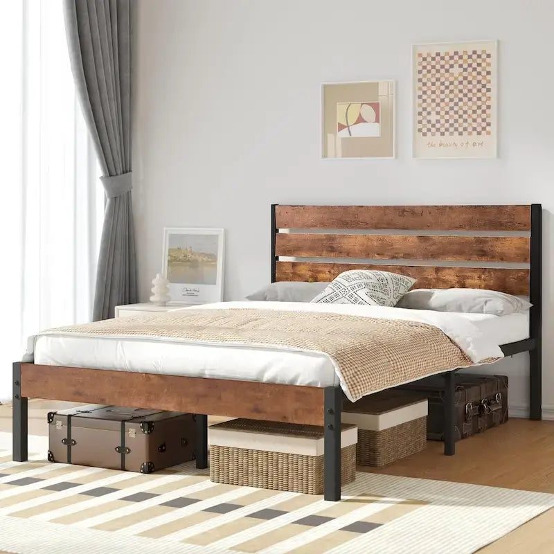 Cadre de lit plateforme marron/ardoise/noir avec tête de lit en bois – Lit simple/double/grand lit, 1 à 2 personnes