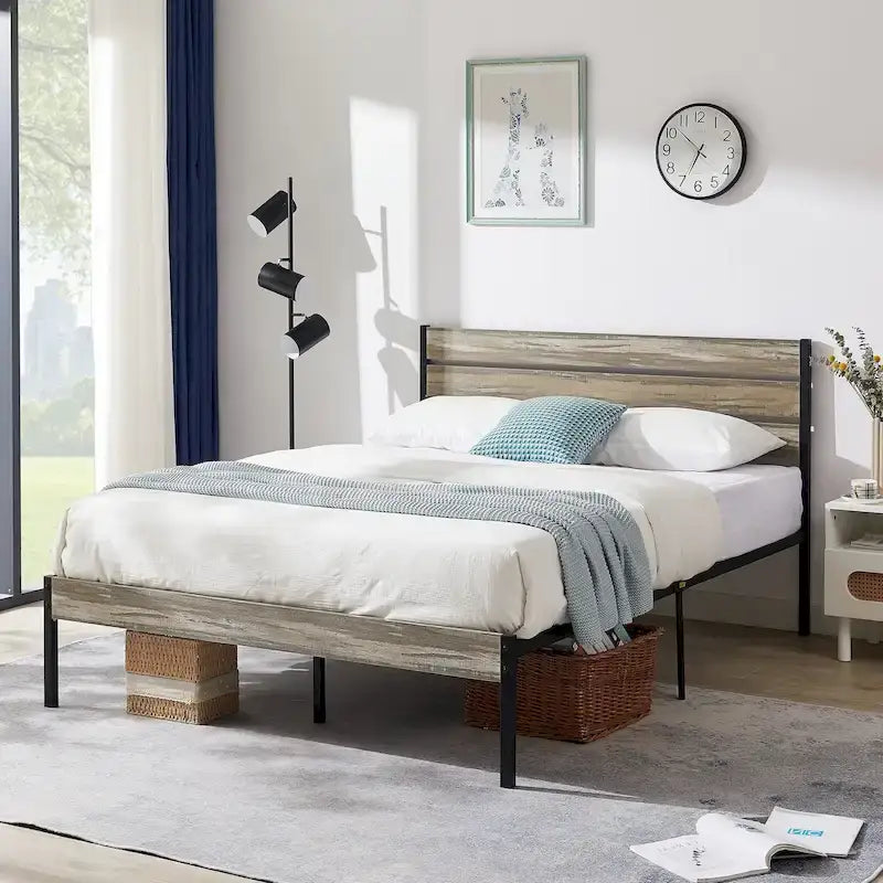 Cadre de lit plateforme marron/ardoise/noir avec tête de lit en bois – Lit simple/double/grand lit, 1 à 2 personnes