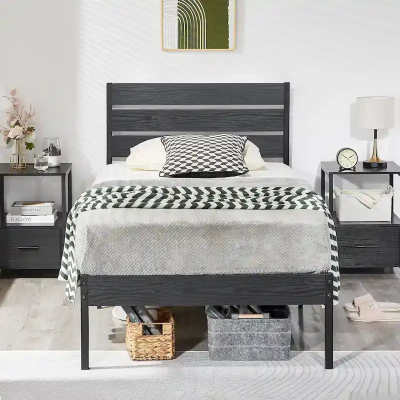 Cadre de lit plateforme marron/ardoise/noir avec tête de lit en bois – Lit simple/double/grand lit, 1 à 2 personnes