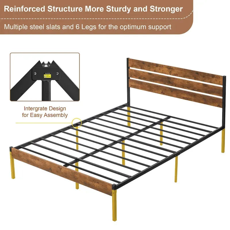 Cadre de lit plateforme marron/ardoise/noir avec tête de lit en bois – Lit simple/double/grand lit, 1 à 2 personnes