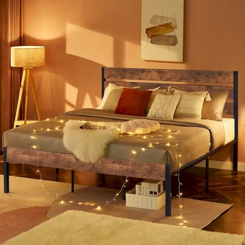 Cadre de lit plateforme marron/ardoise/noir avec tête de lit en bois – Lit simple/double/grand lit, 1 à 2 personnes