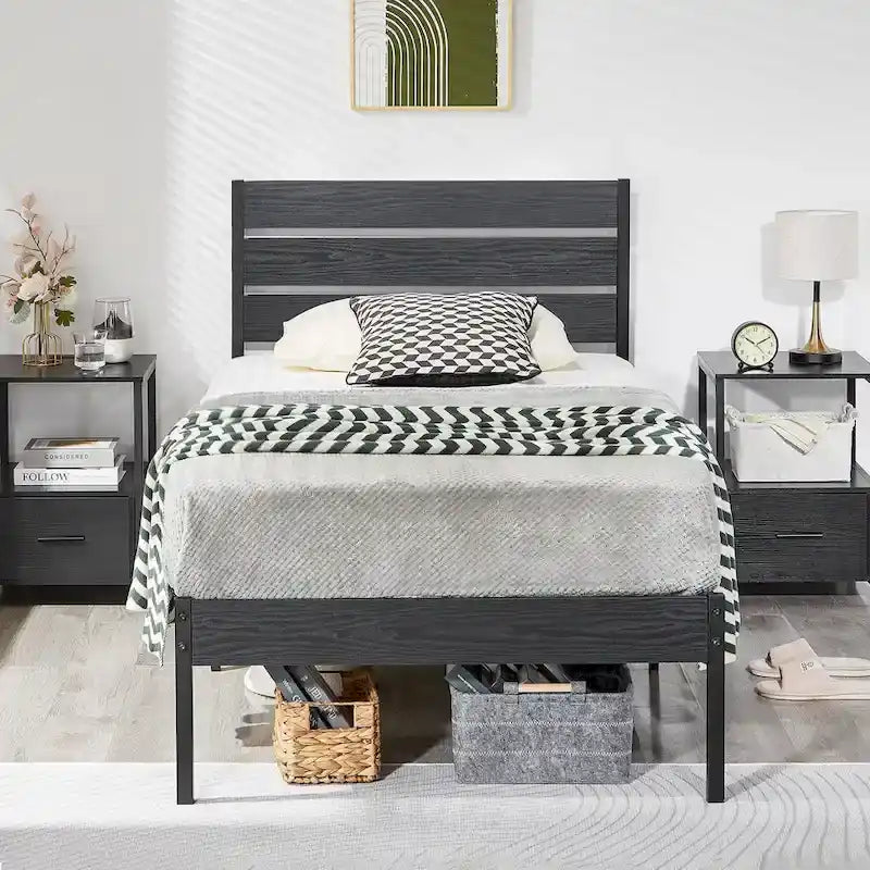 Cadre de lit plateforme marron/ardoise/noir avec tête de lit en bois – Lit simple/double/grand lit, 1 à 2 personnes
