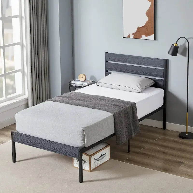 Cadre de lit plateforme marron/ardoise/noir avec tête de lit en bois – Lit simple/double/grand lit, 1 à 2 personnes