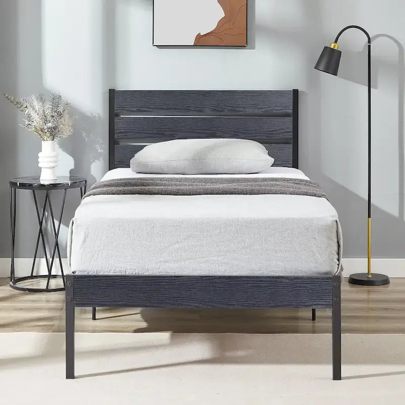 Cadre de lit plateforme marron/ardoise/noir avec tête de lit en bois – Lit simple/double/grand lit, 1 à 2 personnes