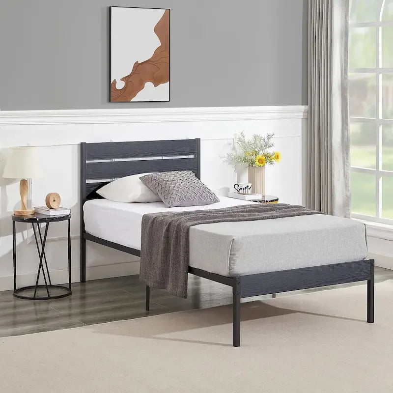 Cadre de lit plateforme marron/ardoise/noir avec tête de lit en bois – Lit simple/double/grand lit, 1 à 2 personnes