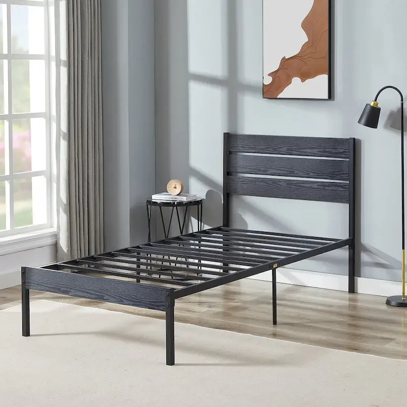 Cadre de lit plateforme marron/ardoise/noir avec tête de lit en bois – Lit simple/double/grand lit, 1 à 2 personnes