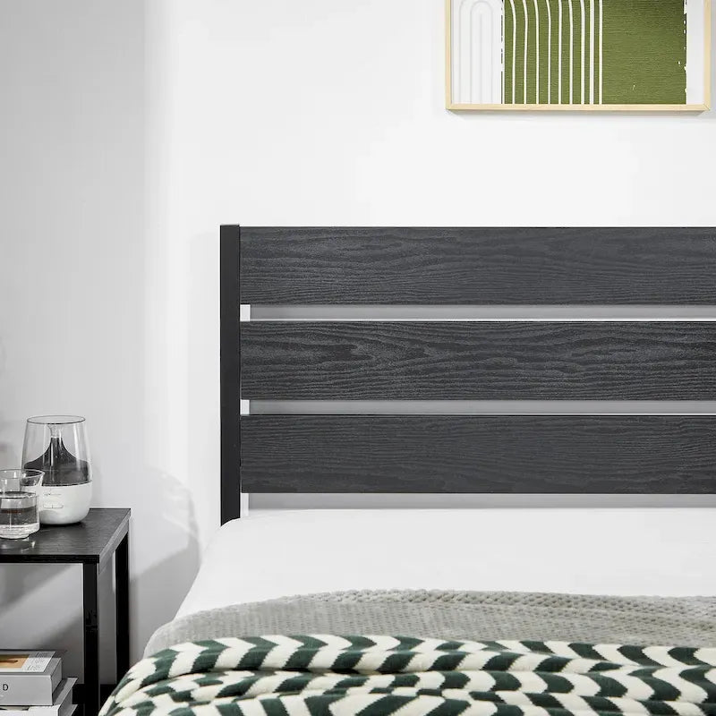 Cadre de lit plateforme marron/ardoise/noir avec tête de lit en bois – Lit simple/double/grand lit, 1 à 2 personnes