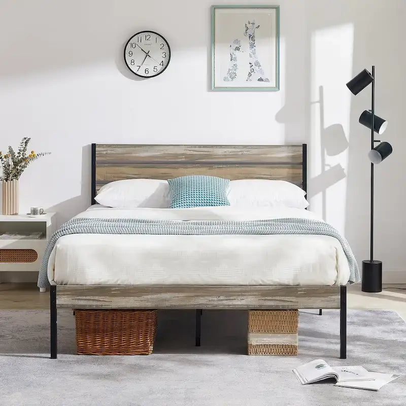 Cadre de lit plateforme marron/ardoise/noir avec tête de lit en bois – Lit simple/double/grand lit, 1 à 2 personnes