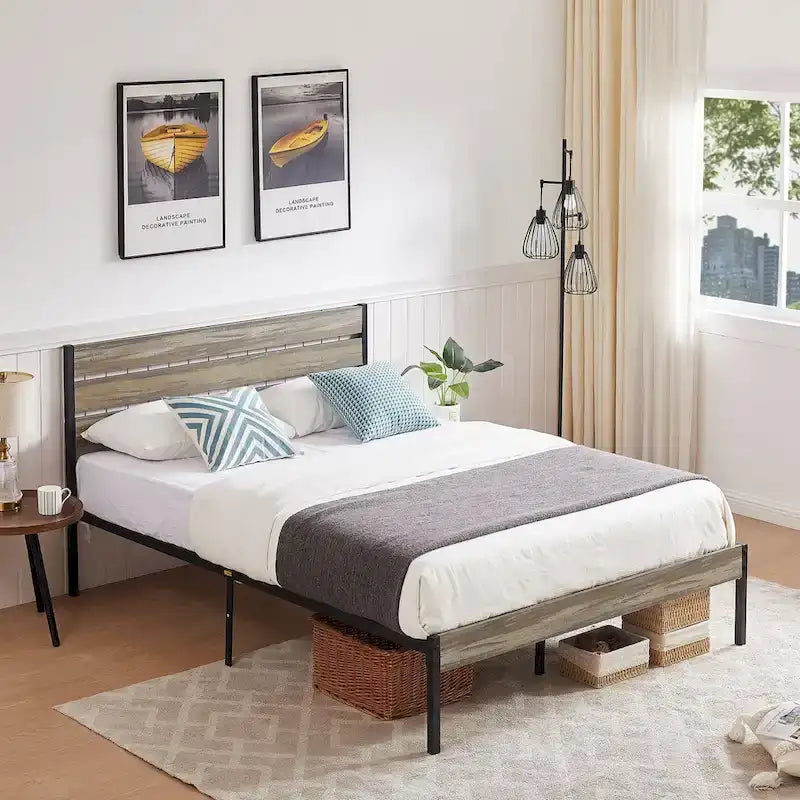 Cadre de lit plateforme marron/ardoise/noir avec tête de lit en bois – Lit simple/double/grand lit, 1 à 2 personnes