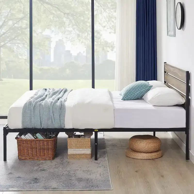 Cadre de lit plateforme marron/ardoise/noir avec tête de lit en bois – Lit simple/double/grand lit, 1 à 2 personnes
