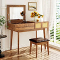 Coiffeuse classique en bois de 110 cm avec miroir escamotable et tabouret, table de maquillage avec trois tiroirs et espace de rangement