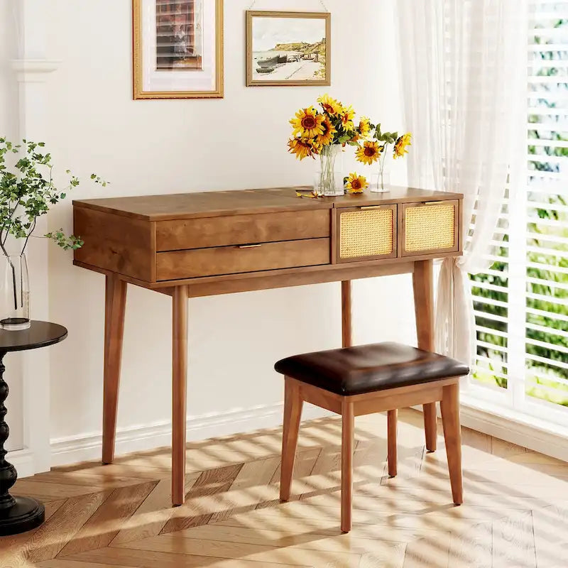 Coiffeuse classique en bois de 110 cm avec miroir escamotable et tabouret, table de maquillage avec trois tiroirs et espace de rangement