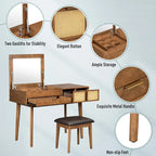 Coiffeuse classique en bois de 110 cm avec miroir escamotable et tabouret, table de maquillage avec trois tiroirs et espace de rangement