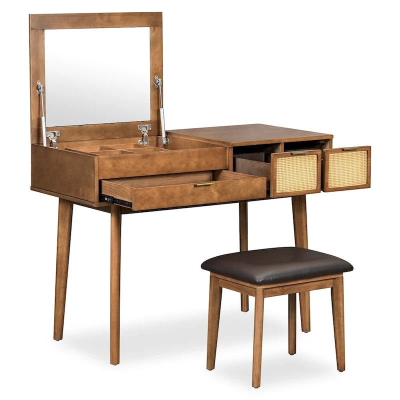 Coiffeuse classique en bois de 110 cm avec miroir escamotable et tabouret, table de maquillage avec trois tiroirs et espace de rangement