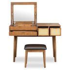 Coiffeuse classique en bois de 110 cm avec miroir escamotable et tabouret, table de maquillage avec trois tiroirs et espace de rangement