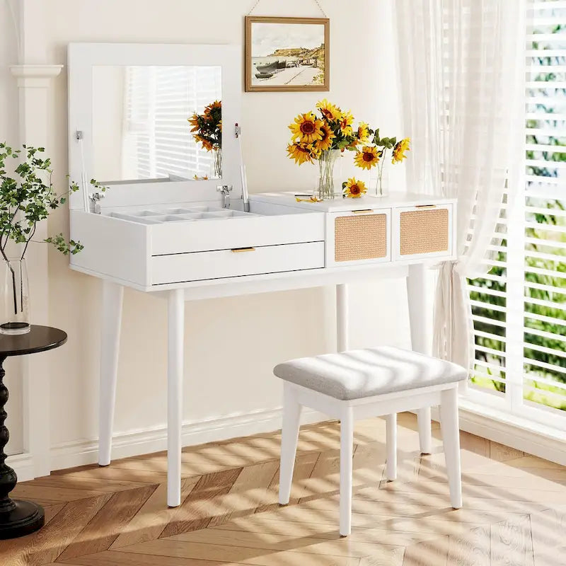 Coiffeuse classique en bois de 110 cm avec miroir escamotable et tabouret, table de maquillage avec trois tiroirs et espace de rangement