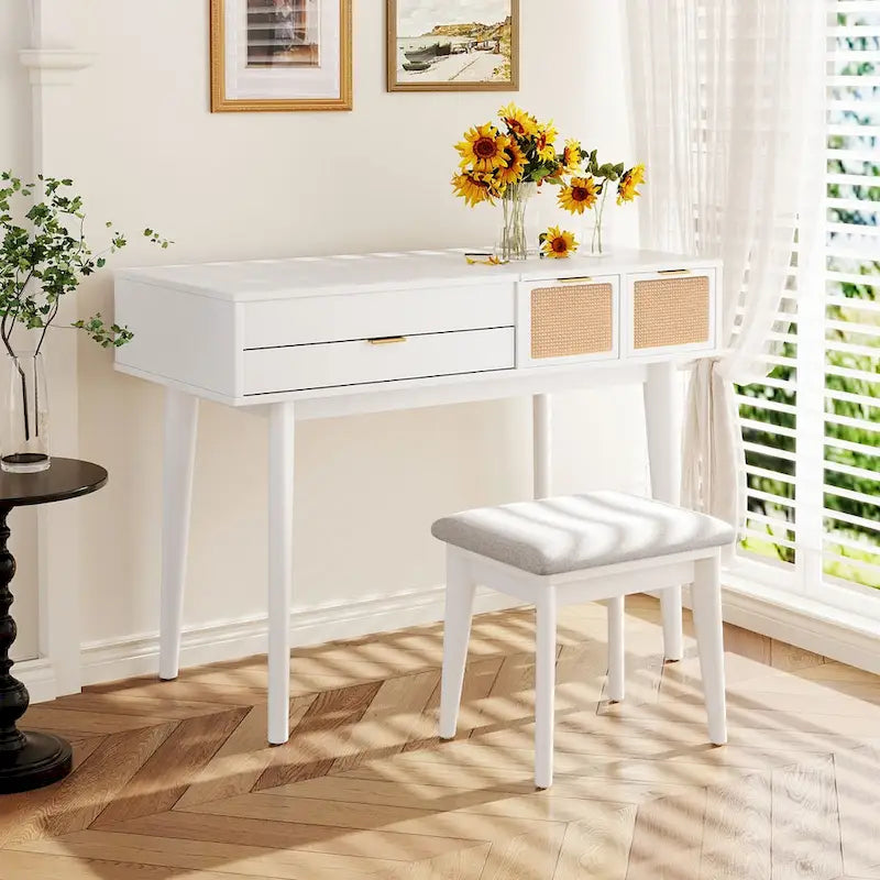 Coiffeuse classique en bois de 110 cm avec miroir escamotable et tabouret, table de maquillage avec trois tiroirs et espace de rangement