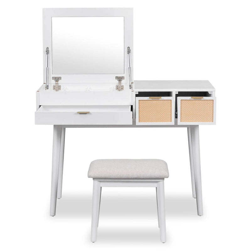 Coiffeuse classique en bois de 110 cm avec miroir escamotable et tabouret, table de maquillage avec trois tiroirs et espace de rangement