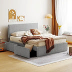 Lit plateforme en polaire, taille double, gris/blanc, 4 tiroirs, bord doré, pour 2 personnes