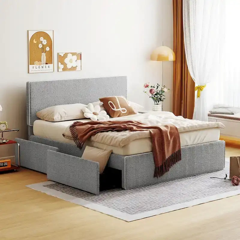 Lit plateforme en polaire, taille double, gris/blanc, 4 tiroirs, bord doré, pour 2 personnes
