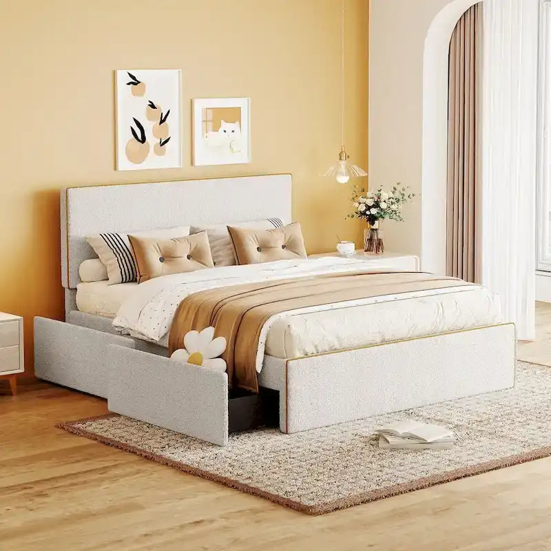 Lit plateforme en polaire, taille double, gris/blanc, 4 tiroirs, bord doré, pour 2 personnes