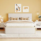 Lit plateforme en polaire, taille double, gris/blanc, 4 tiroirs, bord doré, pour 2 personnes