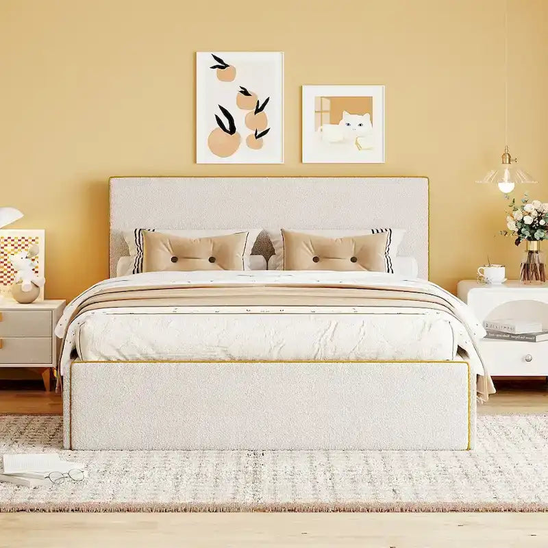 Lit plateforme en polaire, taille double, gris/blanc, 4 tiroirs, bord doré, pour 2 personnes