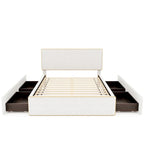 Lit plateforme en polaire, taille double, gris/blanc, 4 tiroirs, bord doré, pour 2 personnes