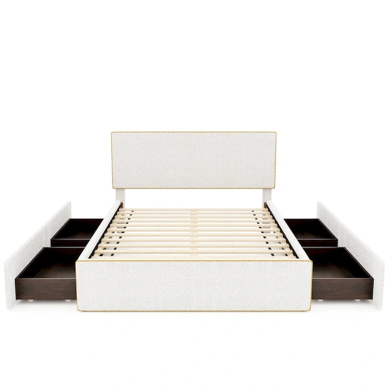 Lit plateforme en polaire, taille double, gris/blanc, 4 tiroirs, bord doré, pour 2 personnes