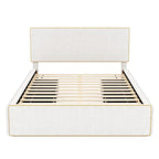 Lit plateforme en polaire, taille double, gris/blanc, 4 tiroirs, bord doré, pour 2 personnes