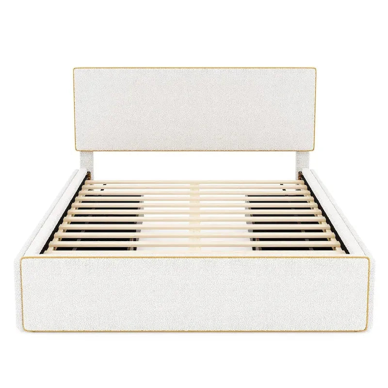 Lit plateforme en polaire, taille double, gris/blanc, 4 tiroirs, bord doré, pour 2 personnes