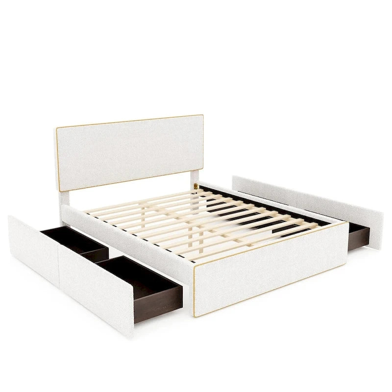 Lit plateforme en polaire, taille double, gris/blanc, 4 tiroirs, bord doré, pour 2 personnes