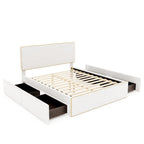 Lit plateforme en polaire, taille double, gris/blanc, 4 tiroirs, bord doré, pour 2 personnes